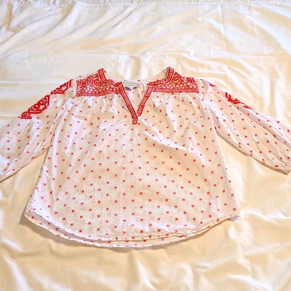 White & Red Cotton Peasant Blouse Small